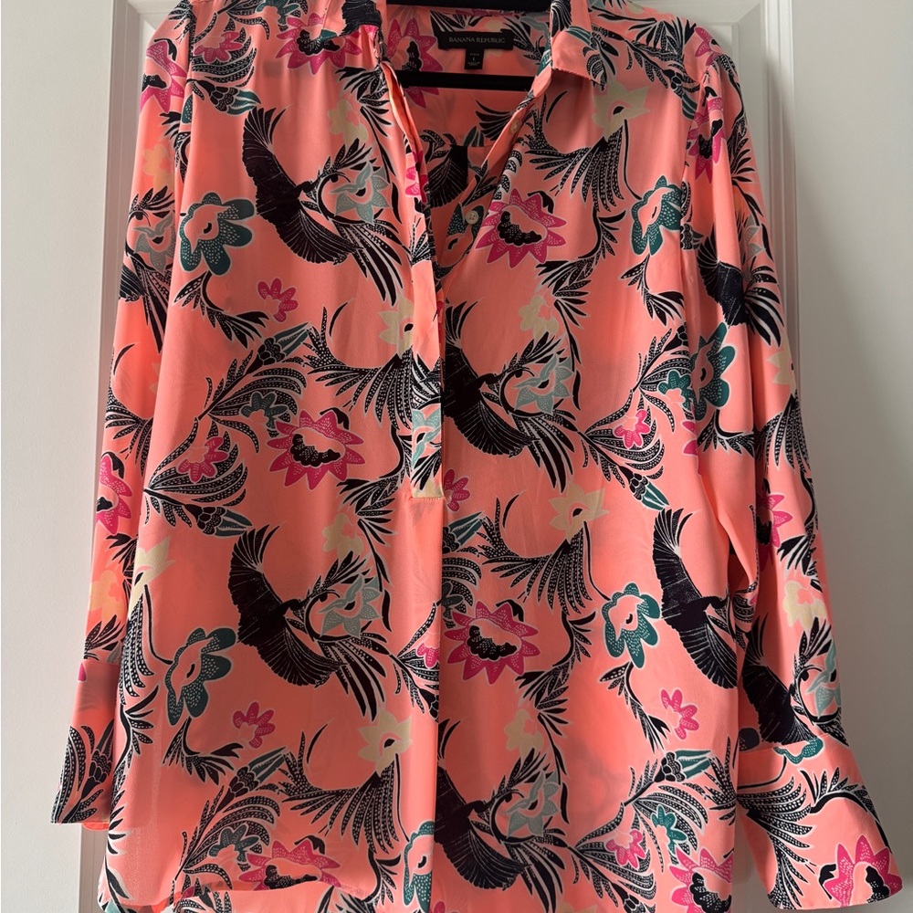 Banana Republic Coral Bird Floral Blouse LP petite Lg